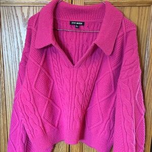 Steve Madden Hot Pink Cable Knit V-Neck Sweater